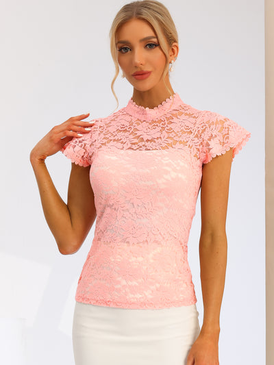 Elegant Floral Lace Short Sleeve Keyhole Back Fitted Blouse