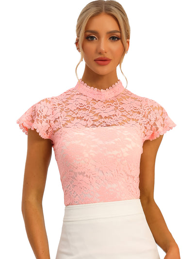 Elegant Floral Lace Short Sleeve Keyhole Back Fitted Blouse