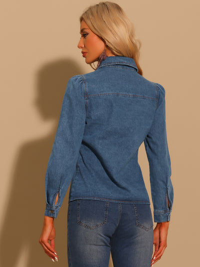 Casual Denim Shirt Button Down Puff Long Sleeve Jean Blouse