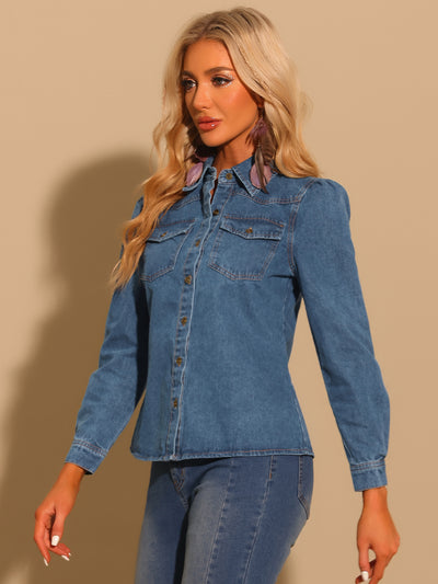 Casual Denim Shirt Button Down Puff Long Sleeve Jean Blouse