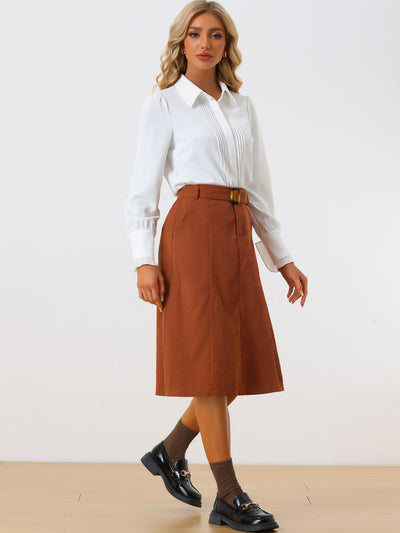 High Waist Elastic Back A-Line Belted Corduroy Pockets Midi Skirt