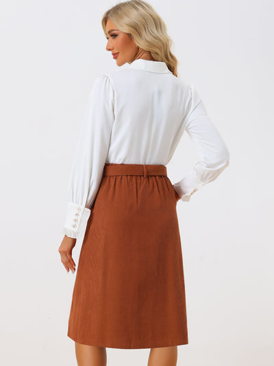 High Waist Elastic Back A-Line Belted Corduroy Pockets Midi Skirt