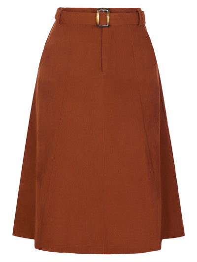 High Waist Elastic Back A-Line Belted Corduroy Pockets Midi Skirt