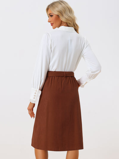 High Waist Elastic Back A-Line Belted Corduroy Pockets Midi Skirt