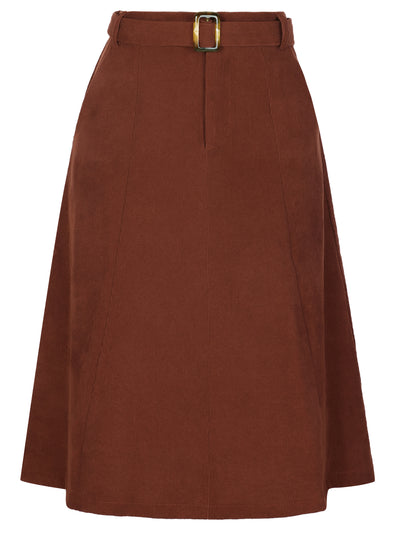 High Waist Elastic Back A-Line Belted Corduroy Pockets Midi Skirt