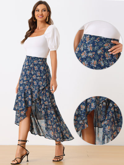 Asymmetrical Ruffle Wrap Tiered Chiffon Floral Skirt