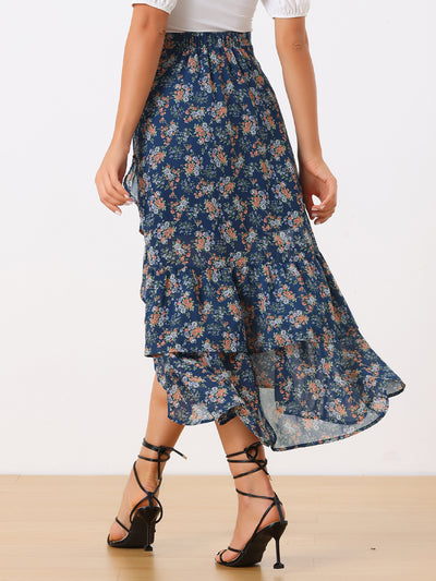 Asymmetrical Ruffle Wrap Tiered Chiffon Floral Skirt