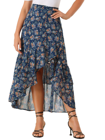 Asymmetrical Ruffle Wrap Tiered Chiffon Floral Skirt