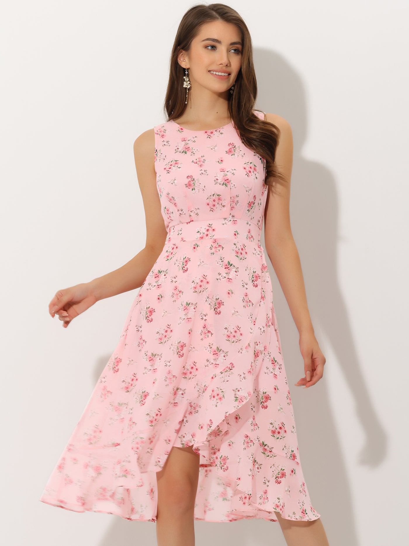 Allegra K Ruffle High Low Hem Round Neck Sleeveless Floral Midi Dress