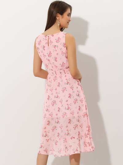 Ruffle High Low Hem Round Neck Sleeveless Floral Midi Dress