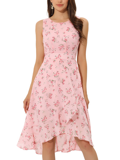 Ruffle High Low Hem Round Neck Sleeveless Floral Midi Dress