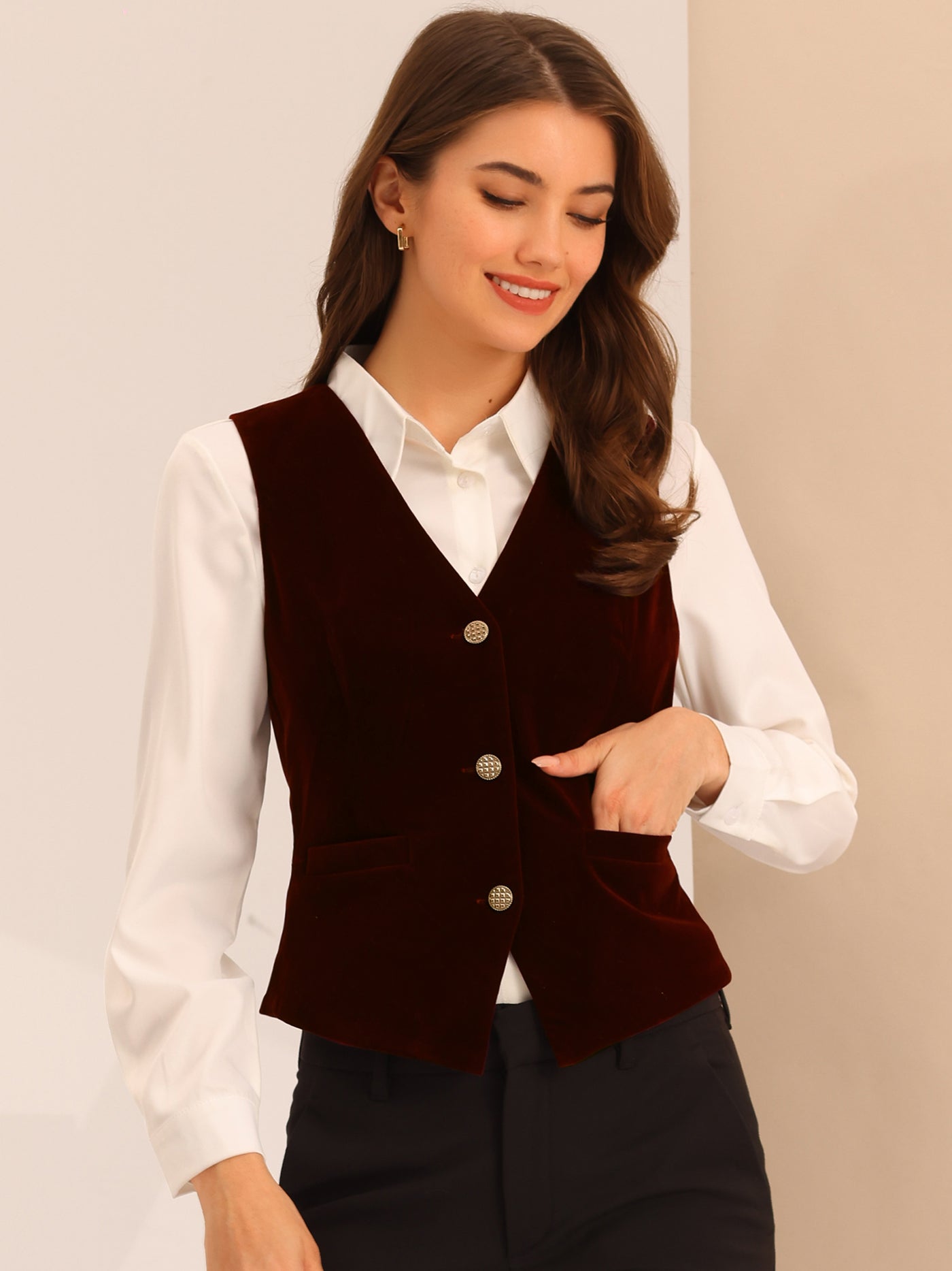 Allegra K Waistcoat Steampunk Velvet Sleeveless Button Down V-Neck Suit Vests