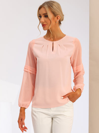 Chiffon Shirt Semi Sheer Keyhole Neck Elegant Work Blouse