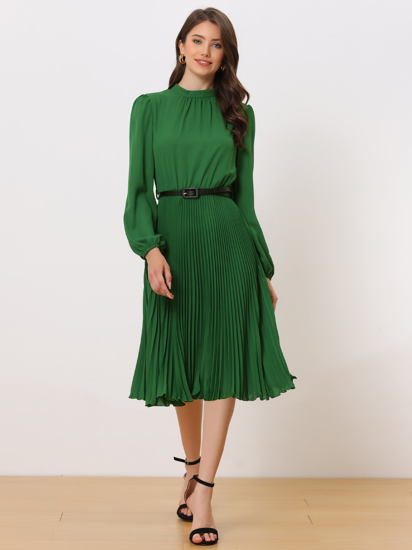 Stand Collar Long Sleeve Belted Pleated Midi Shirt Dress | Allegra K