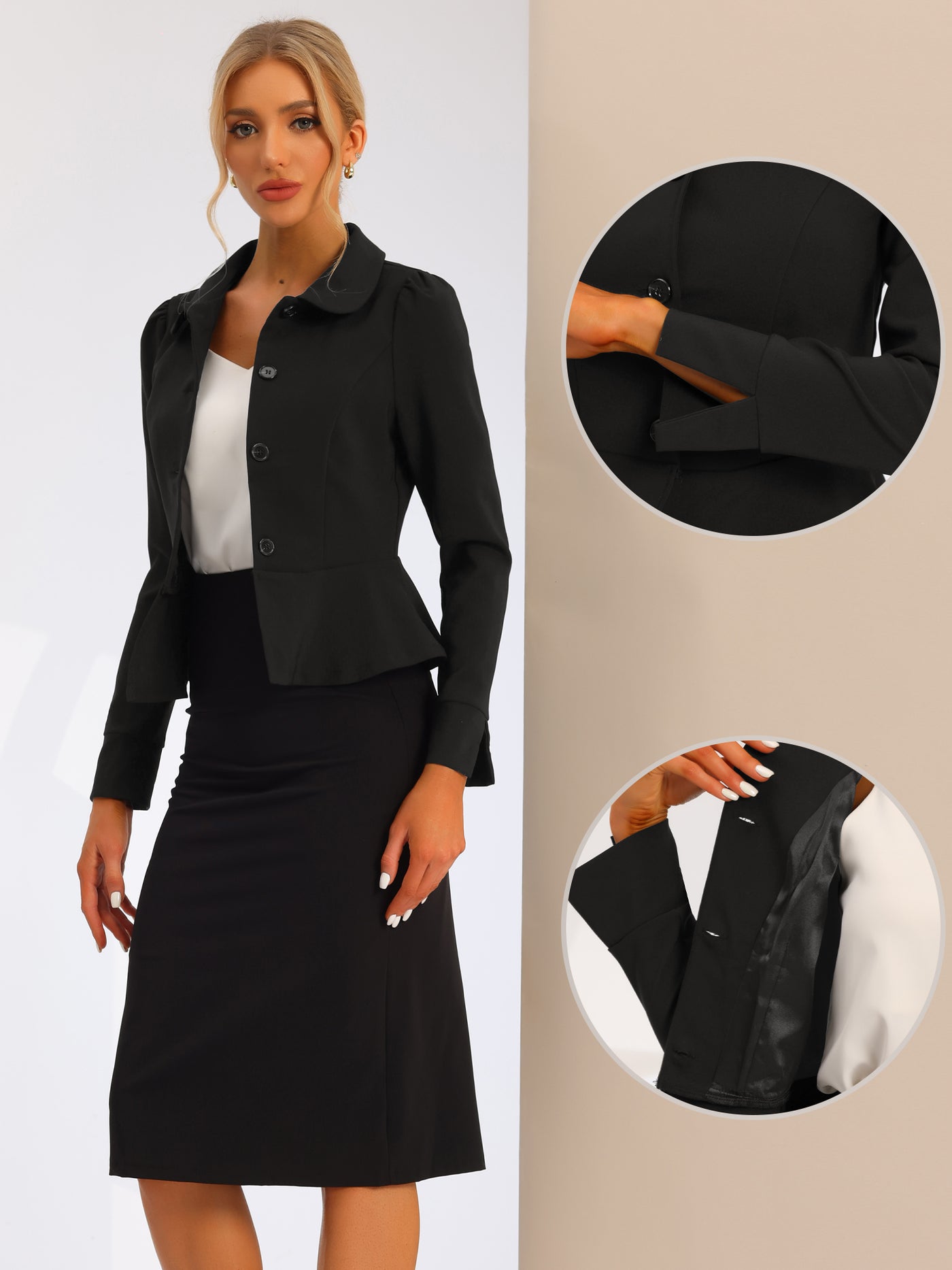 Allegra K Peplum Peter Pan Collar Ruffle Hem Elegant Office Work Blazer