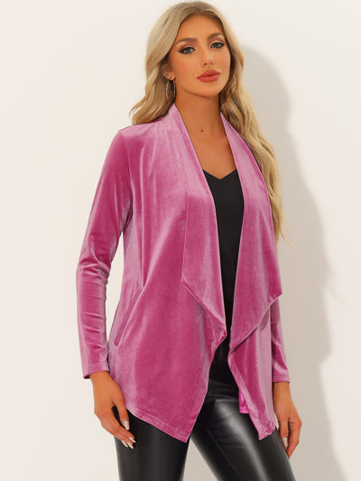 Shawl Collar Pocket Open Front Velvet Cardigan