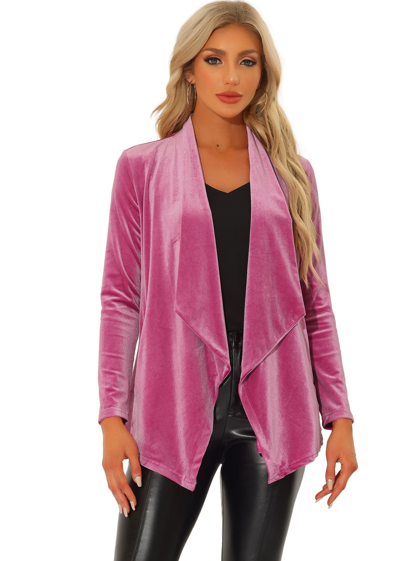 Allegra K Shawl Collar Pocket Open Front Velvet Cardigan