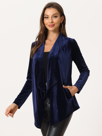 Shawl Collar Pocket Open Front Velvet Cardigan