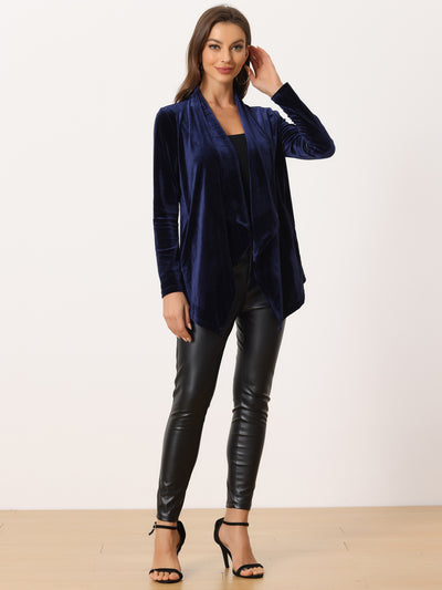 Shawl Collar Pocket Open Front Velvet Cardigan