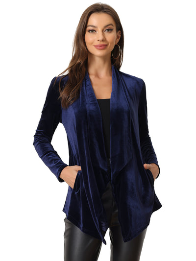 Shawl Collar Pocket Open Front Velvet Cardigan