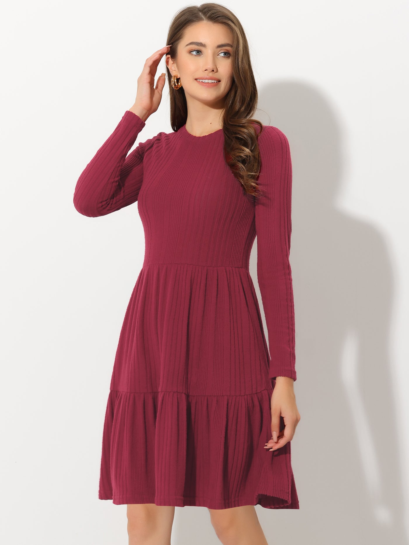 Allegra K Knitted Crewneck Long Sleeve Fit and Flare Sweater Dress