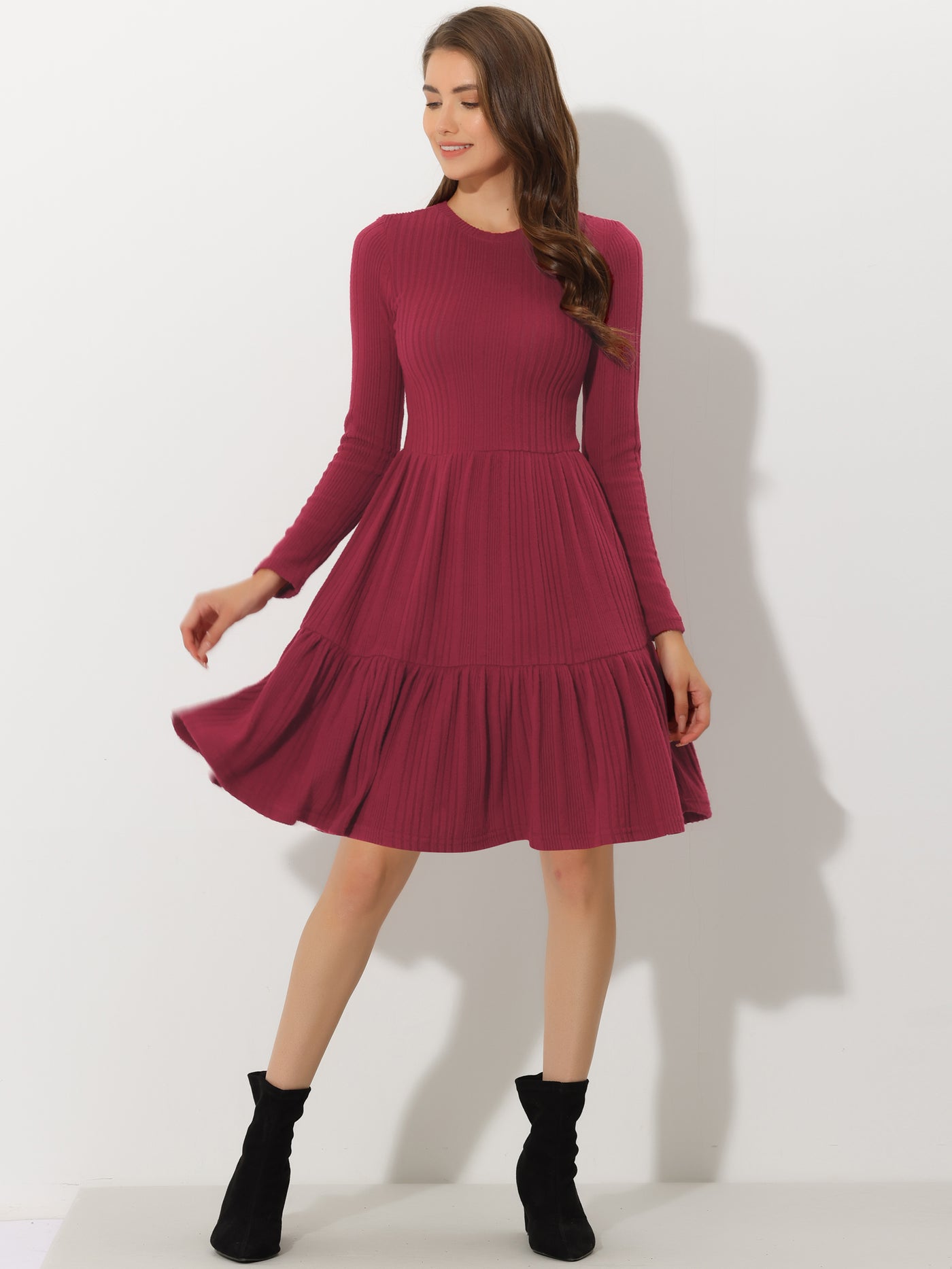 Allegra K Knitted Crewneck Long Sleeve Fit and Flare Sweater Dress