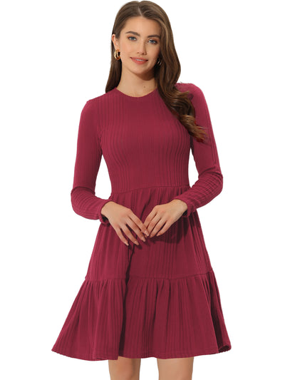 Knitted Crewneck Long Sleeve Fit and Flare Sweater Dress