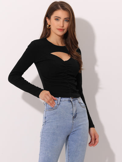 Sexy Long Sleeve Cut Out Front Stretch Ruched Knit T-Shirt