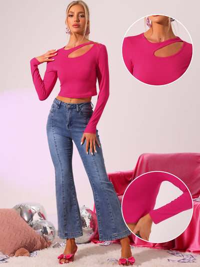 Long Sleeve Casual Cut Out Slim Fitted Basic Crop Tee Tops