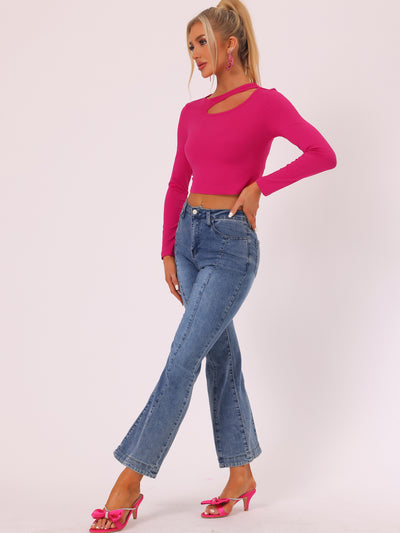 Long Sleeve Casual Cut Out Slim Fitted Basic Crop Tee Tops