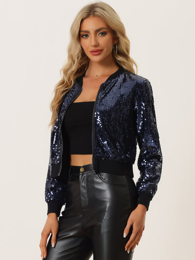 Sequin Long Sleeve Zipper Up Collarless Glitter Bomber Jacket