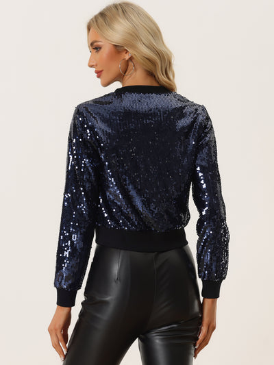 Sequin Long Sleeve Zipper Up Collarless Glitter Bomber Jacket