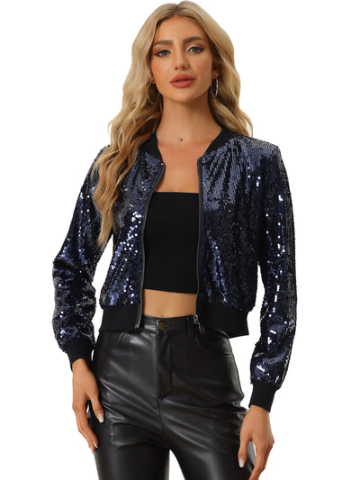 Sequin Long Sleeve Zipper Up Collarless Glitter Bomber Jacket