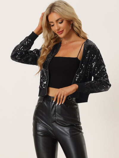 Sequin Long Sleeve Zipper Up Collarless Glitter Bomber Jacket