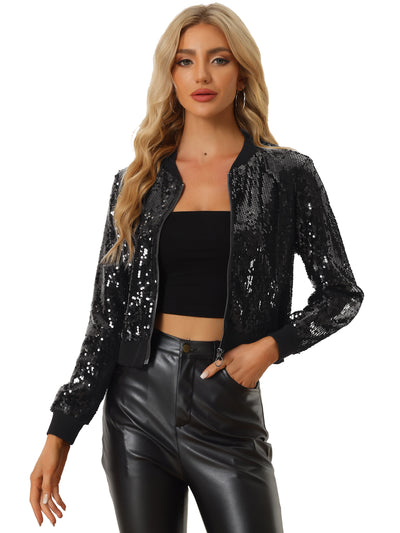 Sequin Long Sleeve Zipper Up Collarless Glitter Bomber Jacket