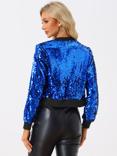 Sequin Long Sleeve Zipper Up Collarless Glitter Bomber Jacket