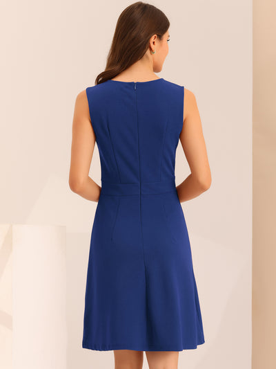 Round Neck Solid Color Sleeveless A-Line Work Midi Dress