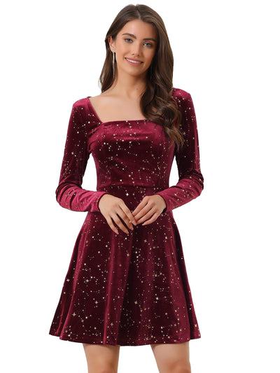 Christmas Stars Square Neck Vintage Velvet Mini Dress