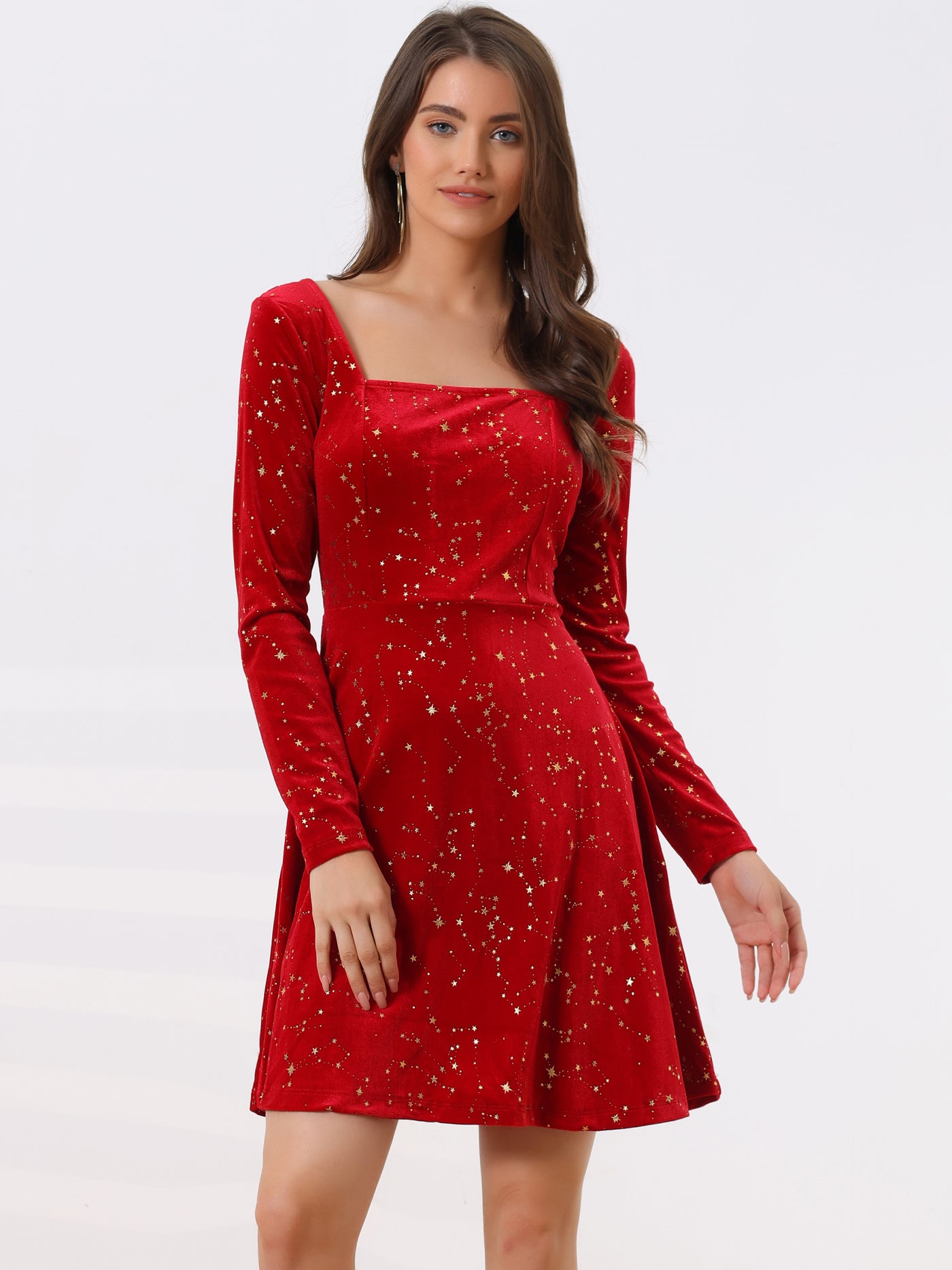 Allegra K Christmas Stars Square Neck Vintage Velvet Mini Dress