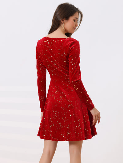 Christmas Stars Square Neck Vintage Velvet Mini Dress