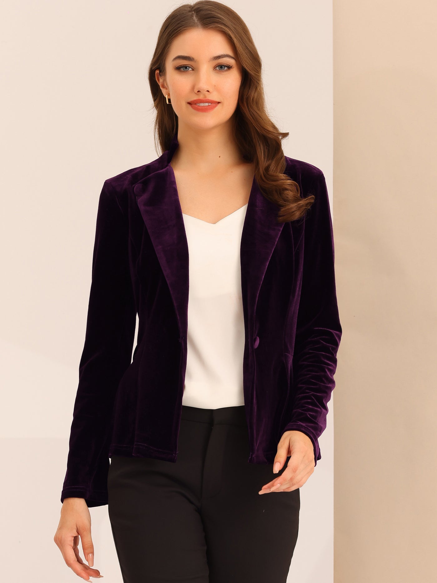 Allegra K Work Office Velvet Belted Lapel Collar Blazer Jacket