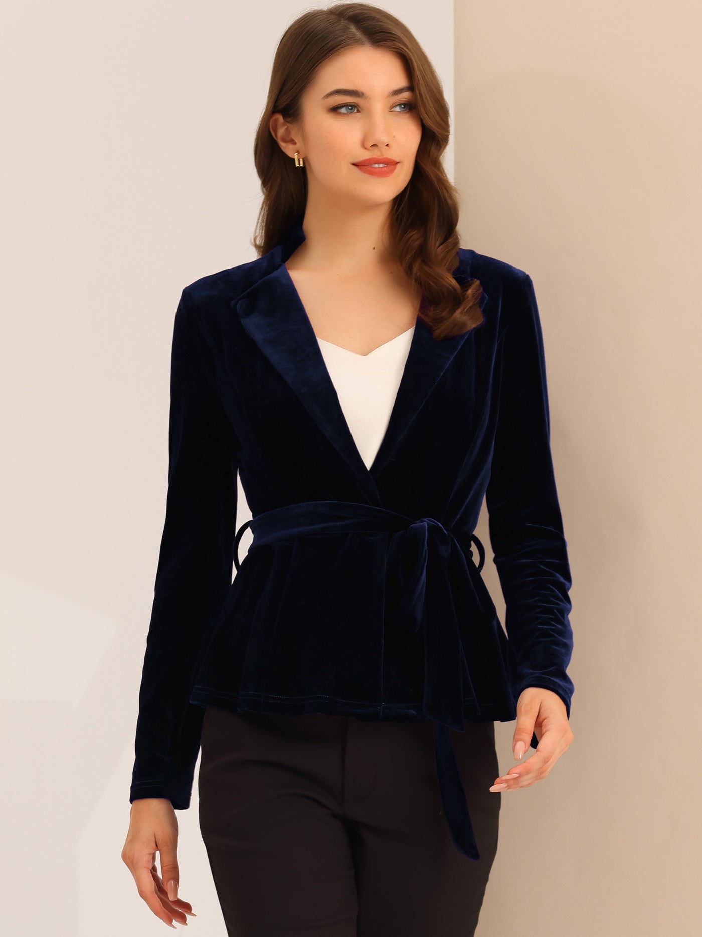 Allegra K Work Office Velvet Belted Lapel Collar Blazer Jacket