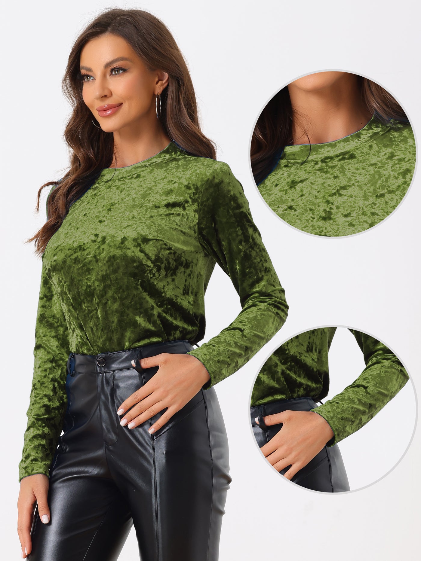 Allegra K Casual Velvet Top Soft Vintage Crew Neck Long Sleeve T-Shirt