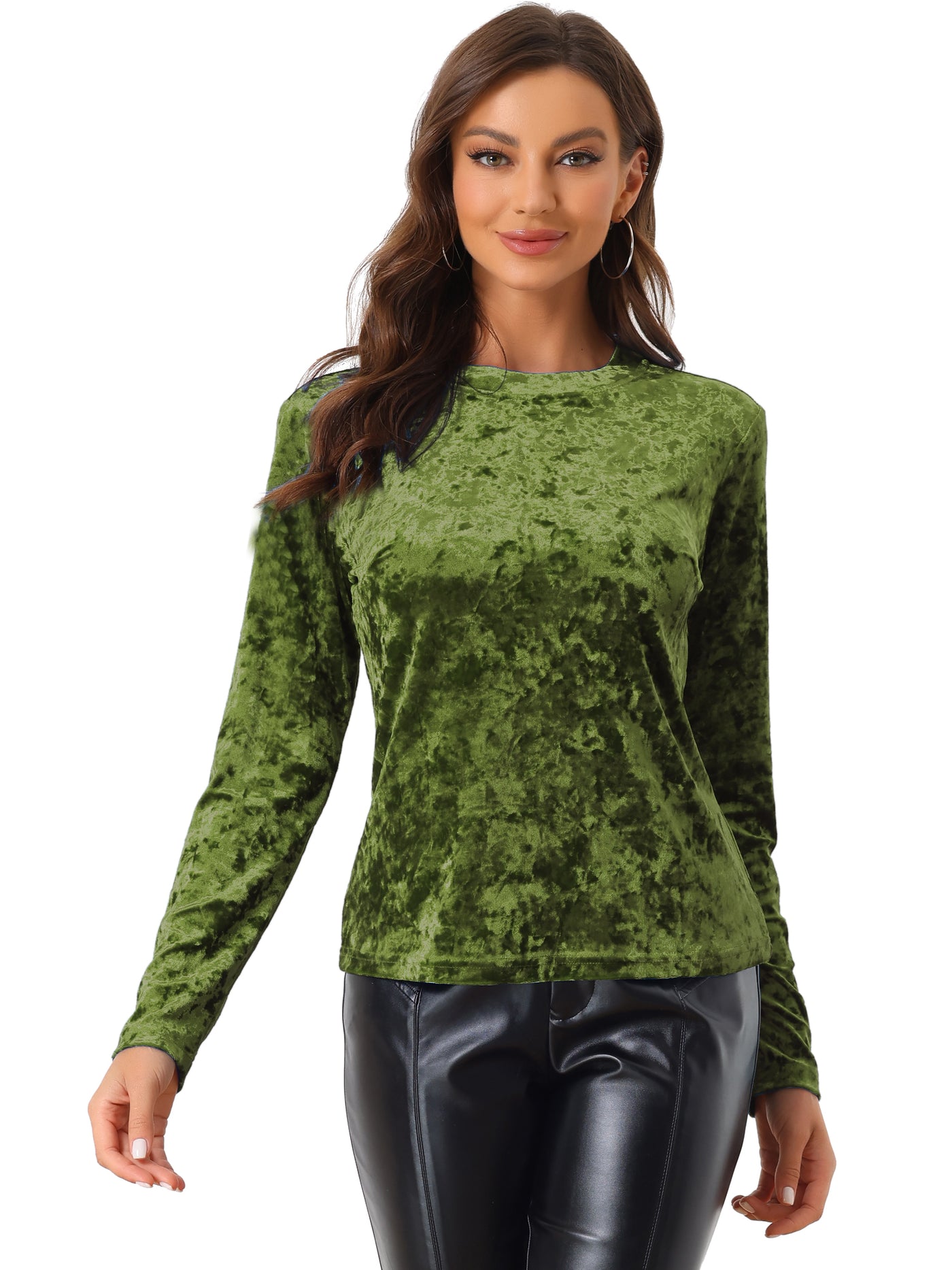 Allegra K Casual Velvet Top Soft Vintage Crew Neck Long Sleeve T-Shirt