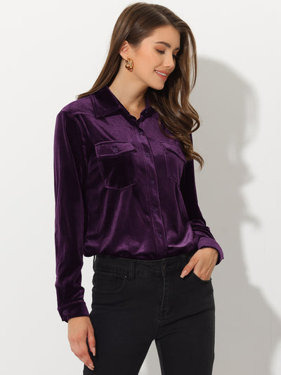 Allegra K Velvet Long Sleeve Winter Button Down Casual Shirt