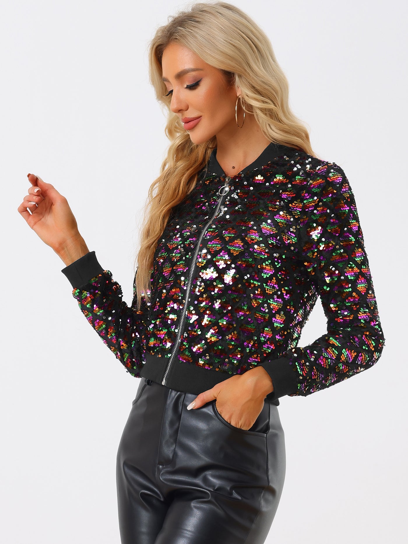 Allegra K Sequin Long Sleeve Zipper Up Glitter Bomber Jacket