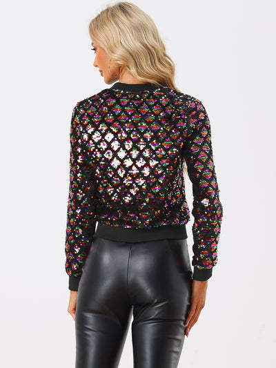 Sequin Long Sleeve Zipper Up Glitter Bomber Jacket