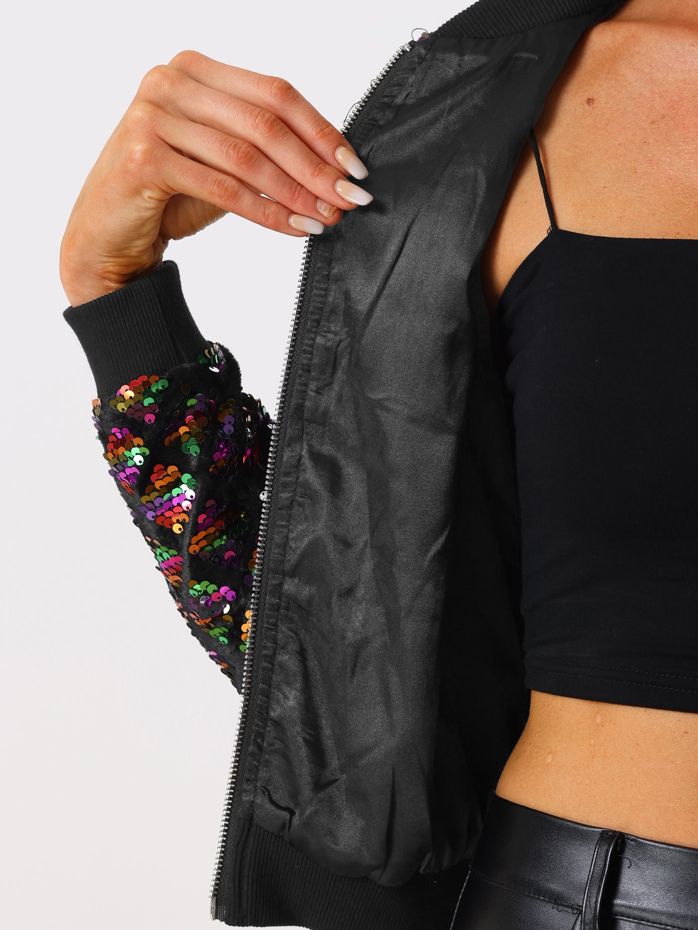 Allegra K Sequin Long Sleeve Zipper Up Glitter Bomber Jacket