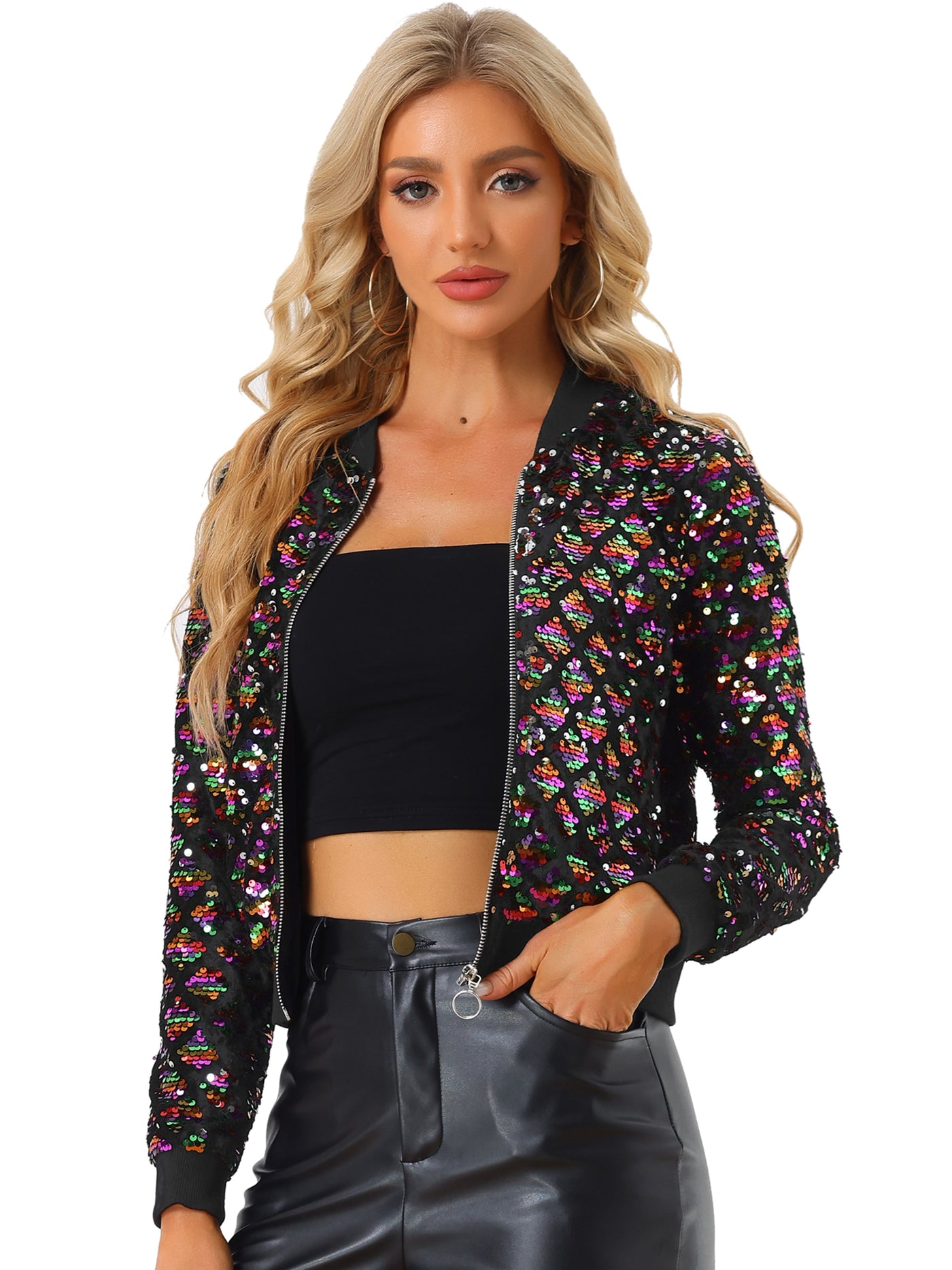 Allegra K Sequin Long Sleeve Zipper Up Glitter Bomber Jacket