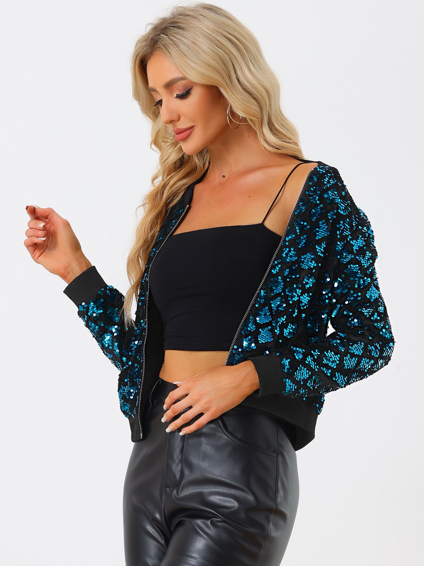 Allegra K Sequin Long Sleeve Zipper Up Glitter Bomber Jacket